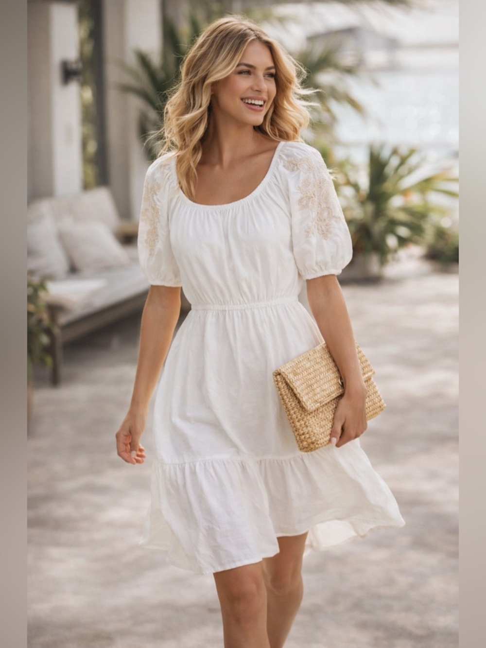 Knox Rose Puff Sleeve Embroidered Dress White Pockets Size XS